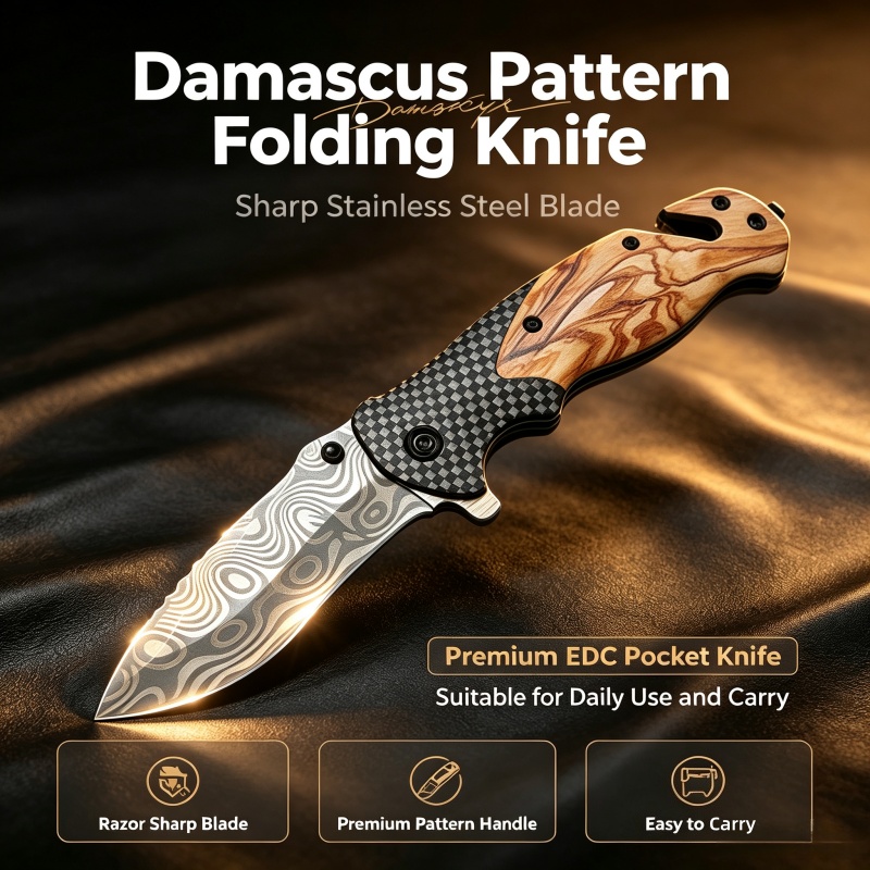 Damascus Pattern Folding Knife - Edc Daily Carry ulasan dan harga